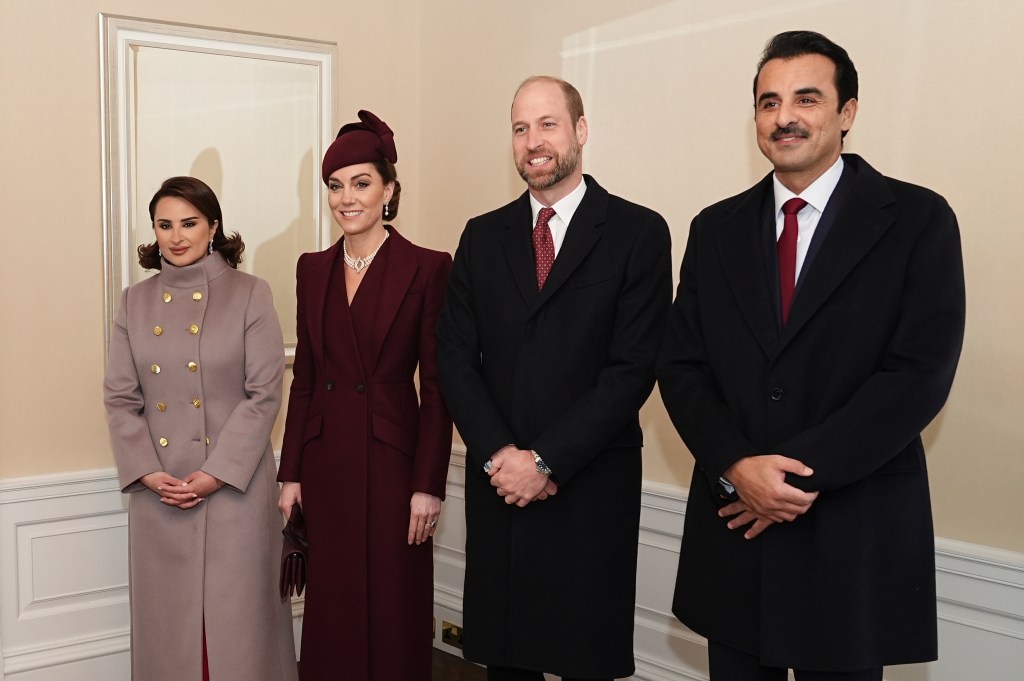 Britain's Prince William, centre right, and Kate, Princess of Wales, centre left, pose with the Emir of Qatar Sheikh Tamim bin Hamad Al Thani, right, and his wife Sheikha Jawaher, left.