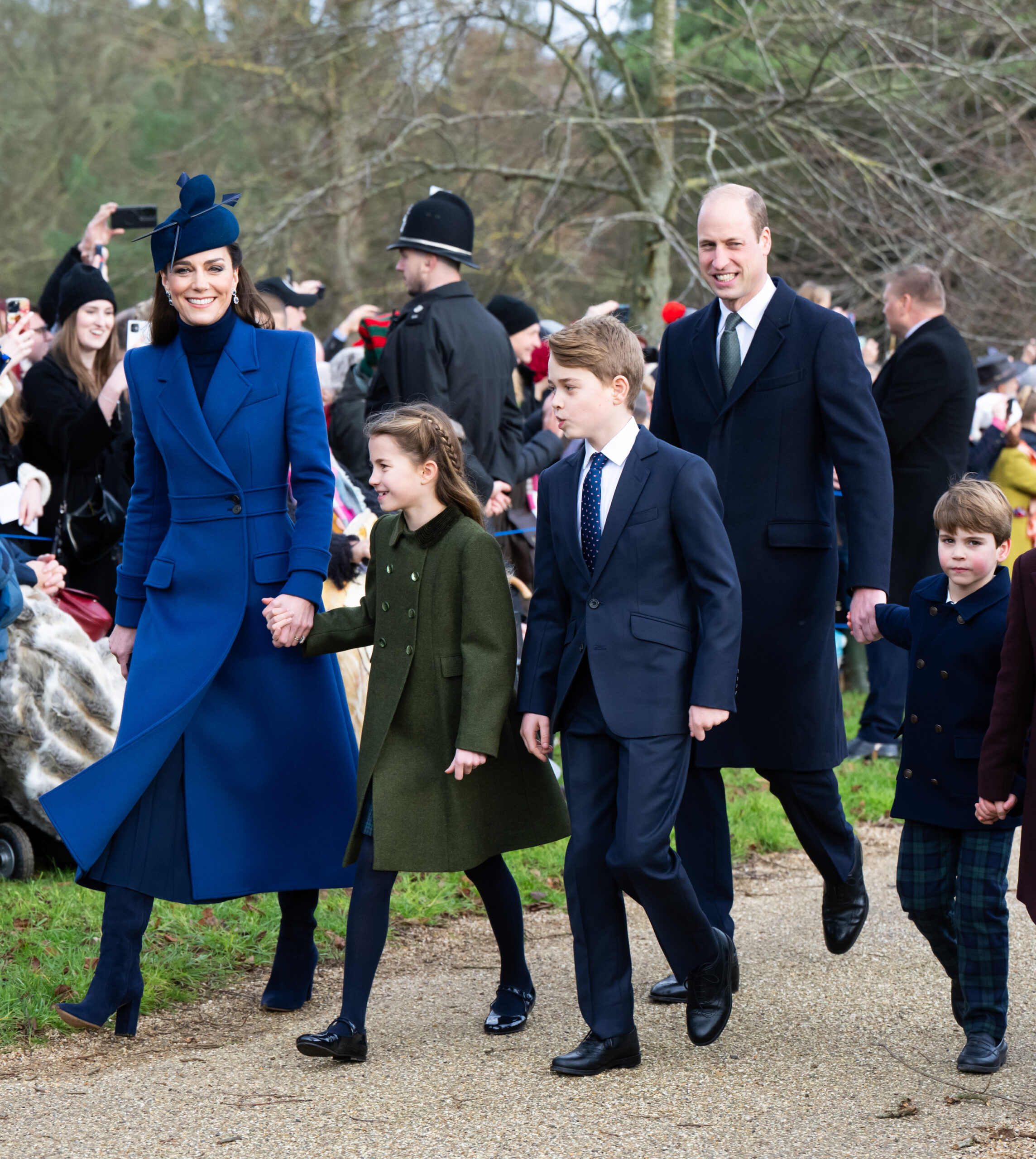 Catherine, Princess of Wales, Princess Charlotte of Wales, Prince George of Wales, Prince William, Prince of Wales, Prince Louis of Wales attend the Christmas Morning Service at Sandringham Church on December 25, 2023.