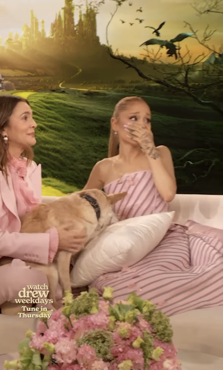 Drew Barrymore and Ariana Grande on "The Drew Barrymore Show" in December 2024