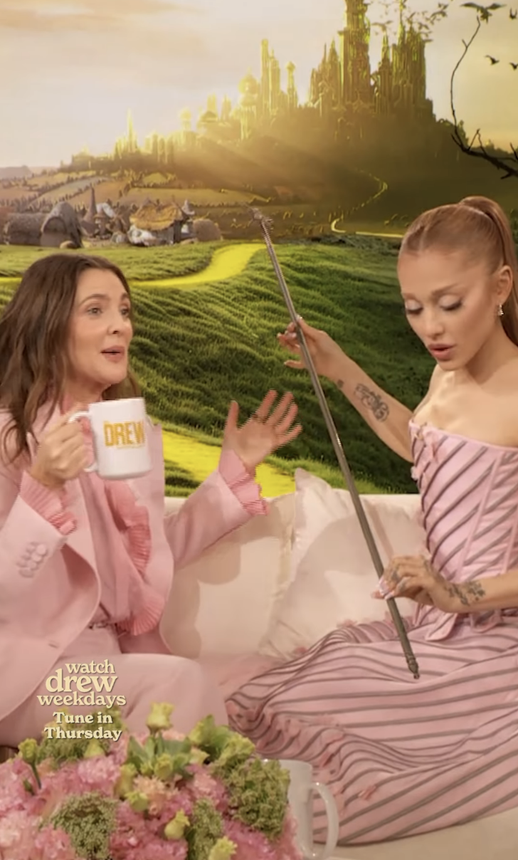 Drew Barrymore and Ariana Grande on "The Drew Barrymore Show" in December 2024