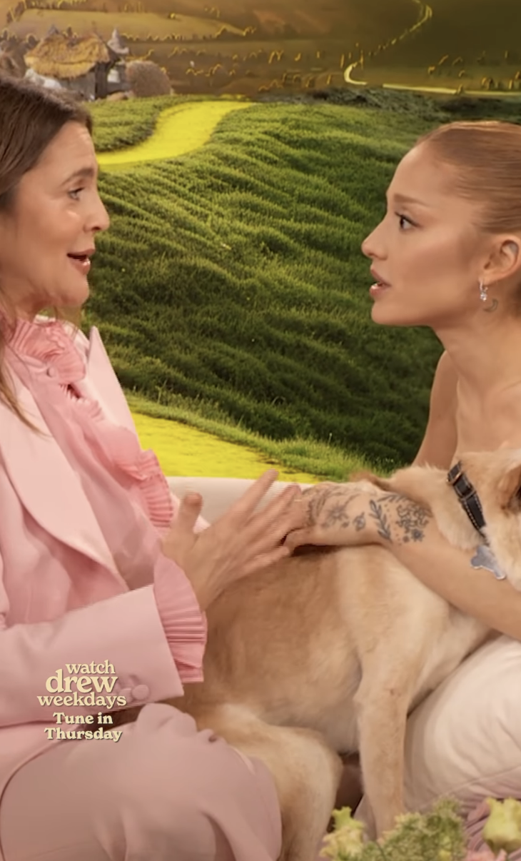 Drew Barrymore and Ariana Grande on "The Drew Barrymore Show" in December 2024