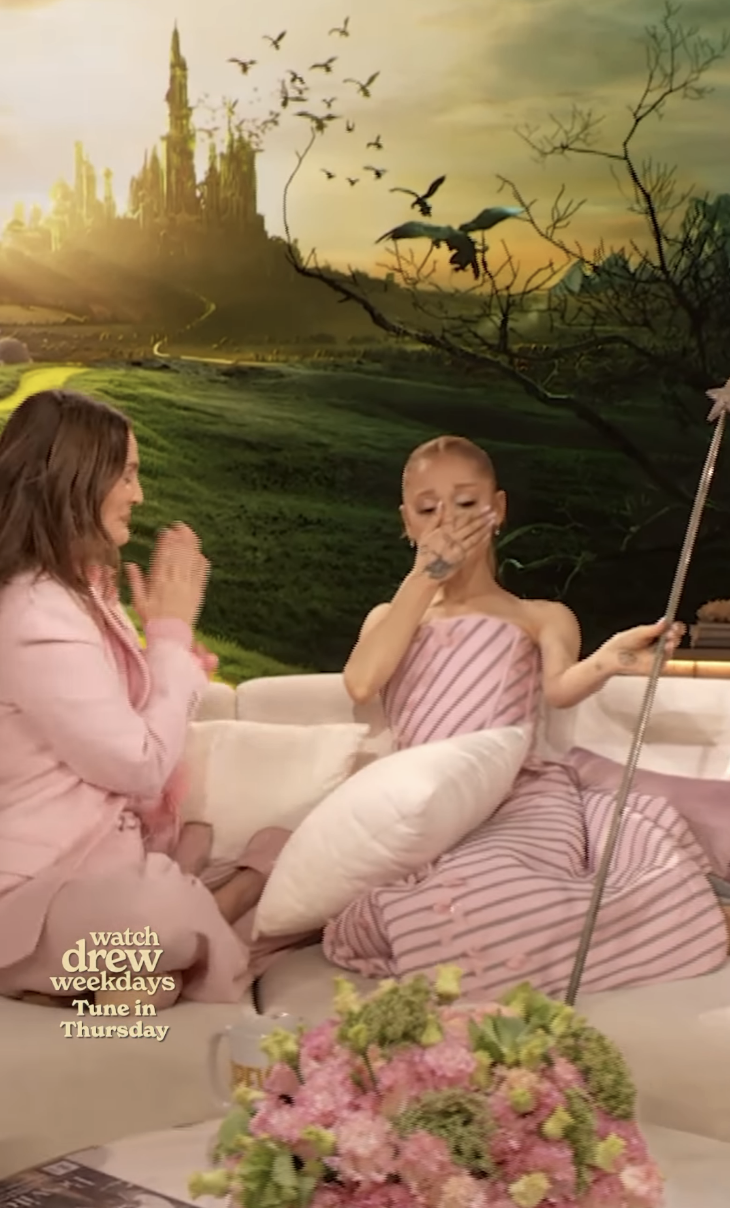 Drew Barrymore and Ariana Grande on "The Drew Barrymore Show" in December 2024