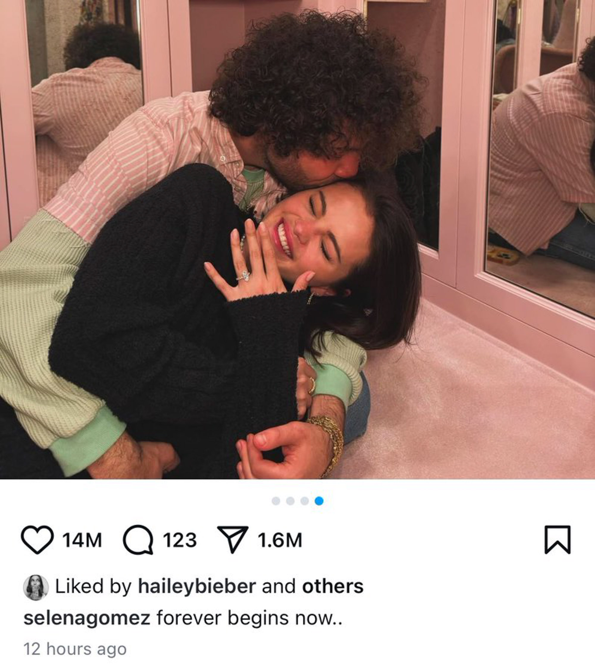 A screenshot of Hailey Bieber liking Selena Gomez's post