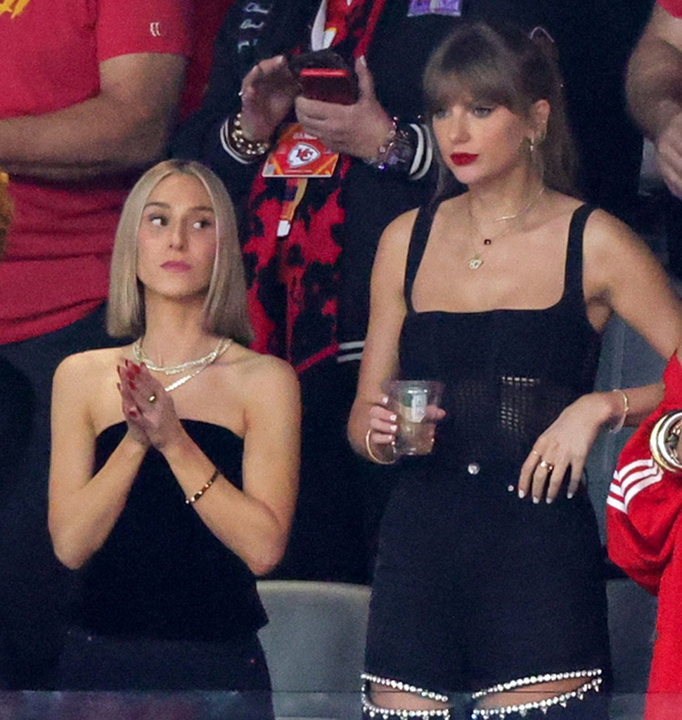 Ice Spice, Ashley Avignone, Taylor Swift and Blake Lively look on before Super Bowl LVIII between the San Francisco 49ers and the Kansas City Chiefs at Allegiant Stadium on February 11, 2024 in Las Vegas, Nevada.