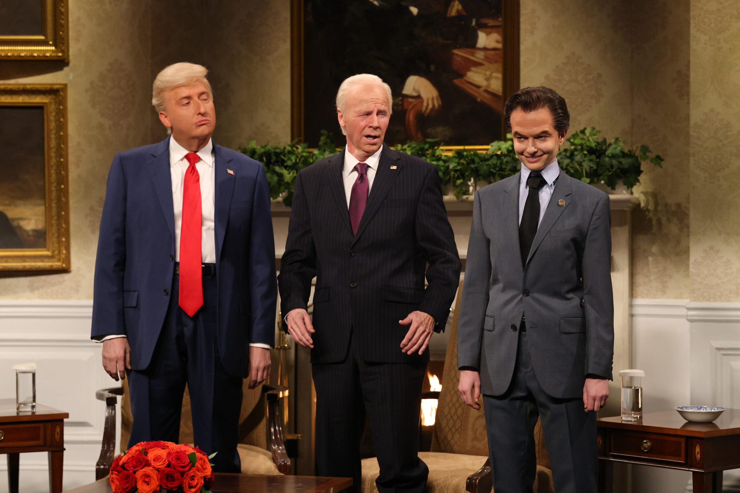 James Austin Johnson, Dana Carvey and Sarah Sherman on "SNL" in November 2024