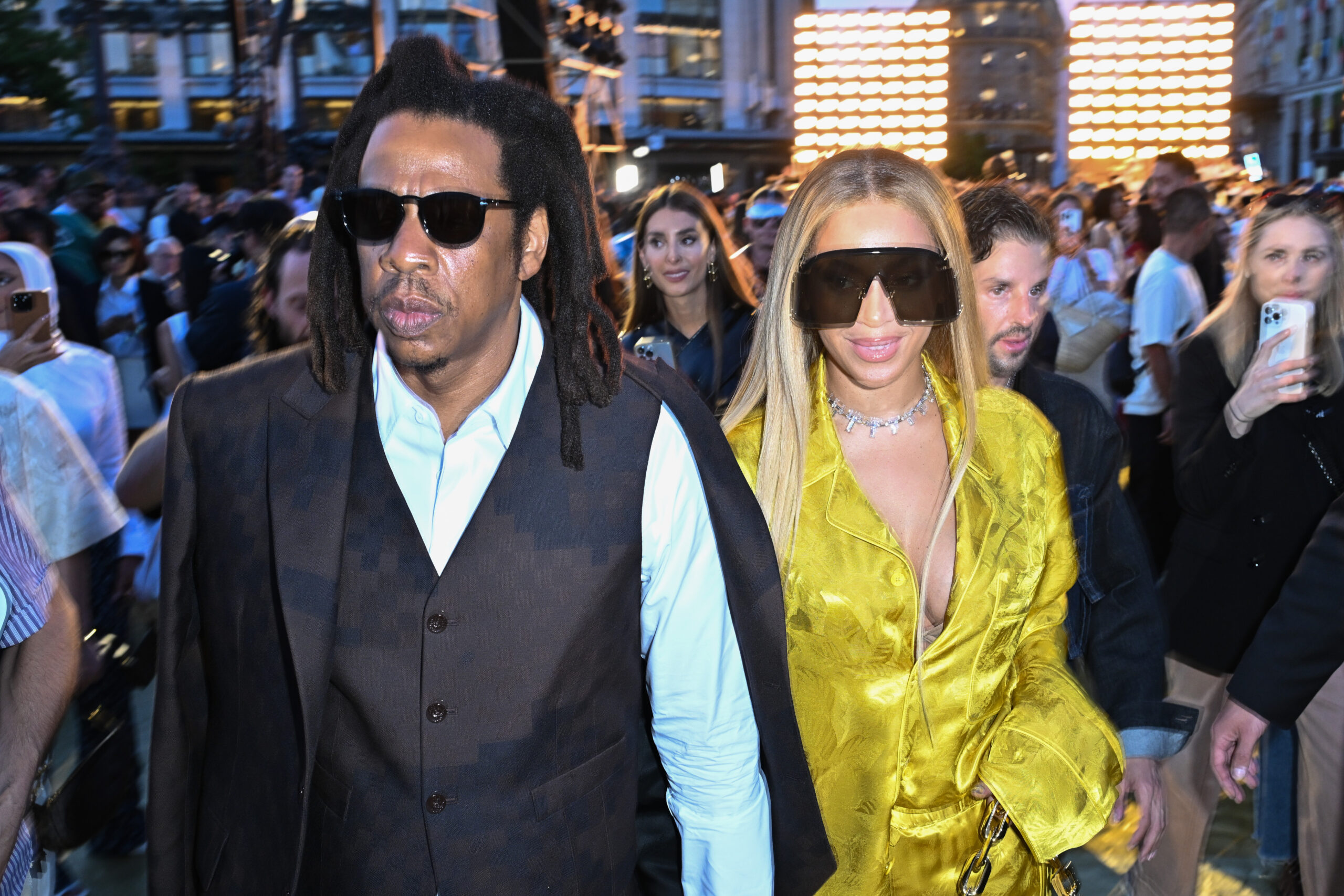 Jay-Z and Beyoncé at the Louis Vuitton Menswear Spring/Summer fashion 2024 show in 2023.