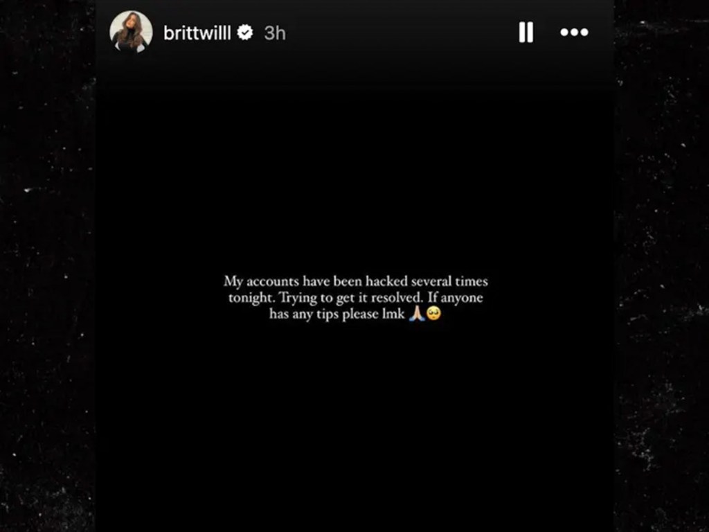 Brittany Williams Instagram Story alleging she was hacked