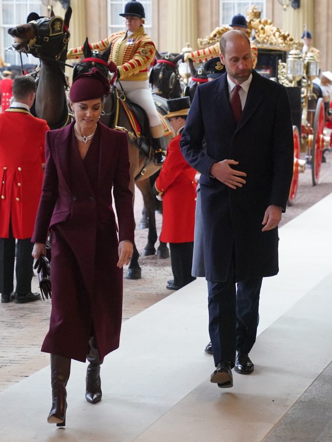 LONDON, ENGLAND - DECEMBER 03: Catherine, Princess of Wales and Prince William, Prince of Wales arrive at Buckingham Palace during day one of The Amir of the State of Qatar's visit to the United Kingdom on December 03, 2024 in London, England. His Highness Sheikh Tamim bin Hamad Al Thani, Amir of the State of Qatar, accompanied by Her Highness Sheikha Jawaher bint Hamad bin Suhaim Al Thani, will hold several engagements with The Prince and Princess of Wales, The King and Queen as well as political figures. (Photo by Jonathan Brady - WPA Pool/Getty Images)