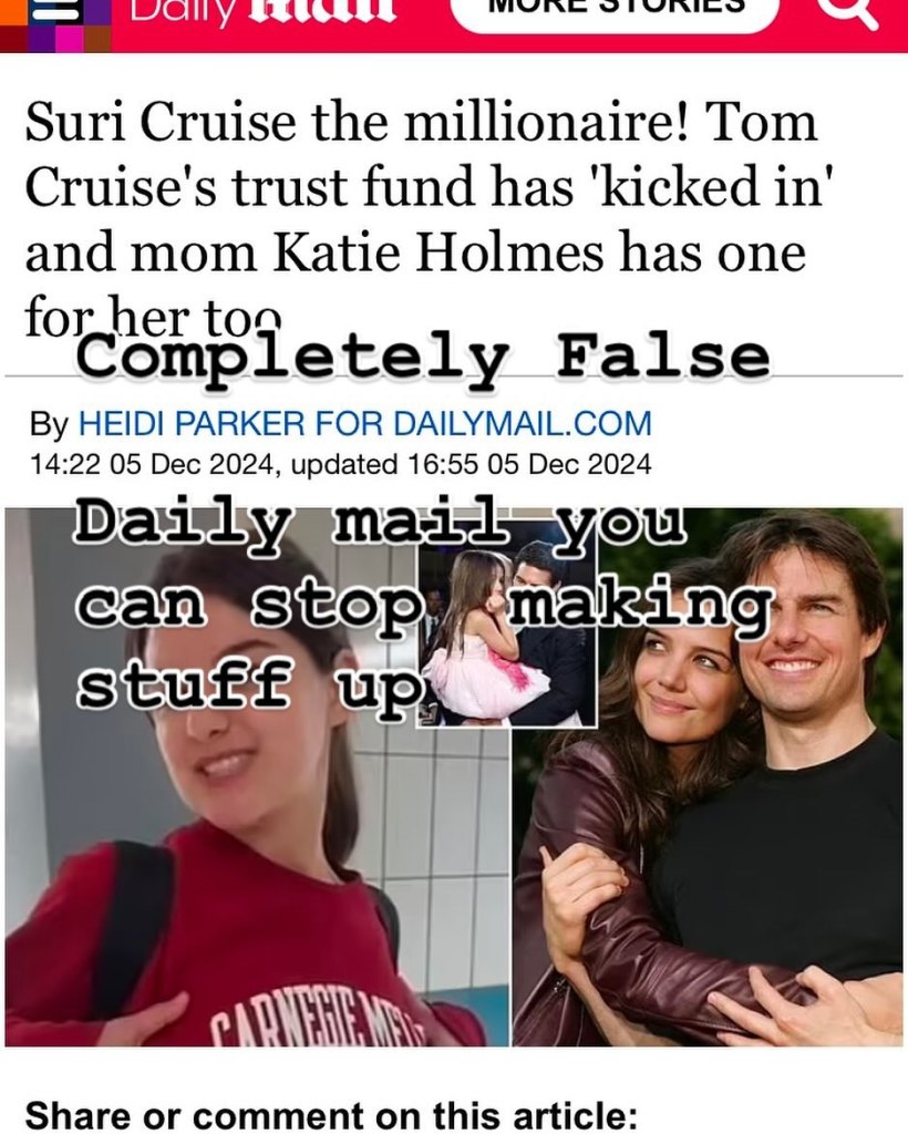 Katie Holmes slams report Tom Cruise's trust fund for Suri has kicked in.