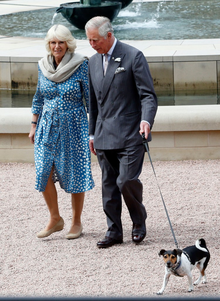 King Charles III and Queen Camilla walk with her dog Beth, during the inaugural of the Dumfries House Dog Show at Dumfries House in Scotland in June 24, 2015.