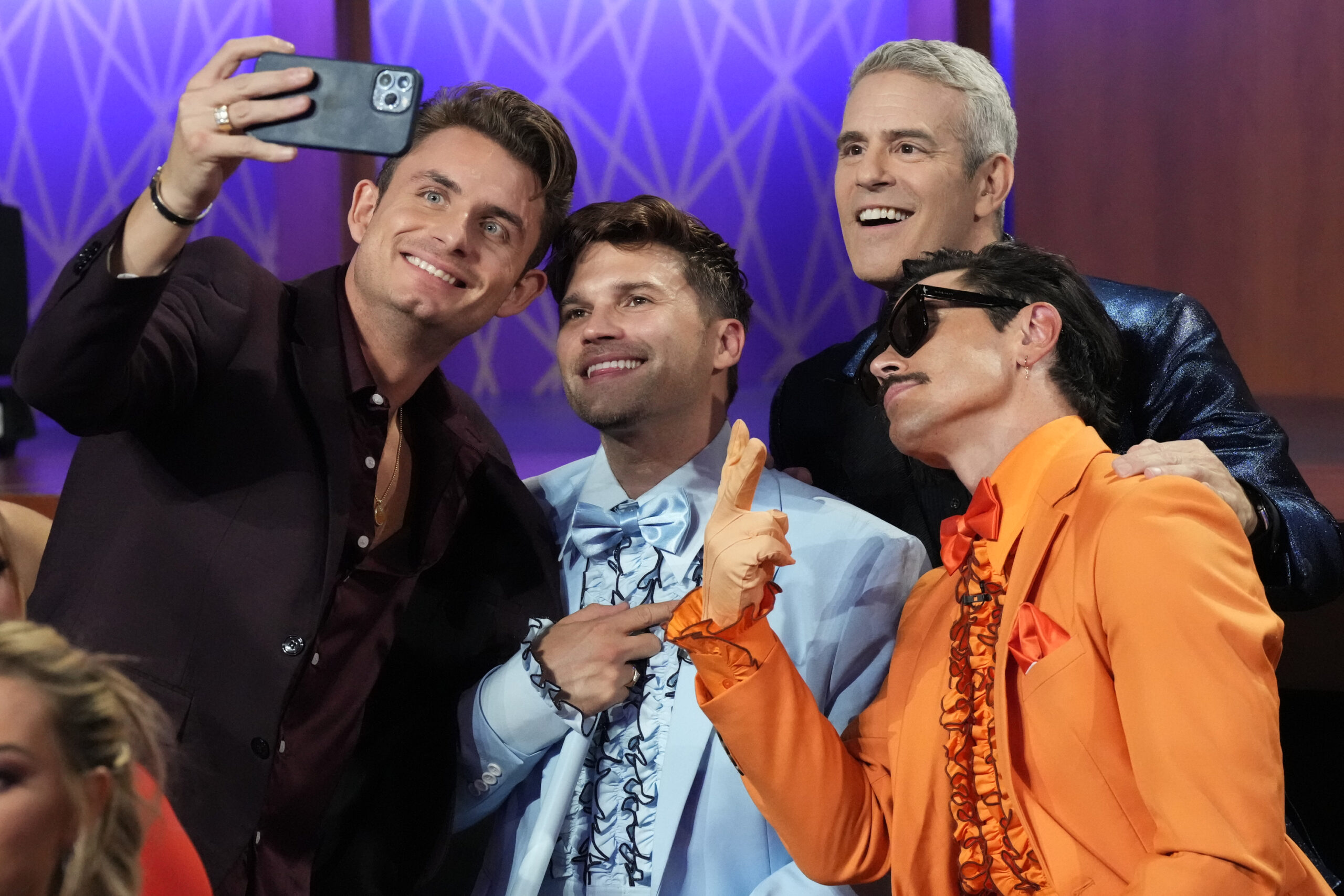 James Kennedy, Tom Schwartz, Andy Cohen and Tom Sandoval taking a selfie.