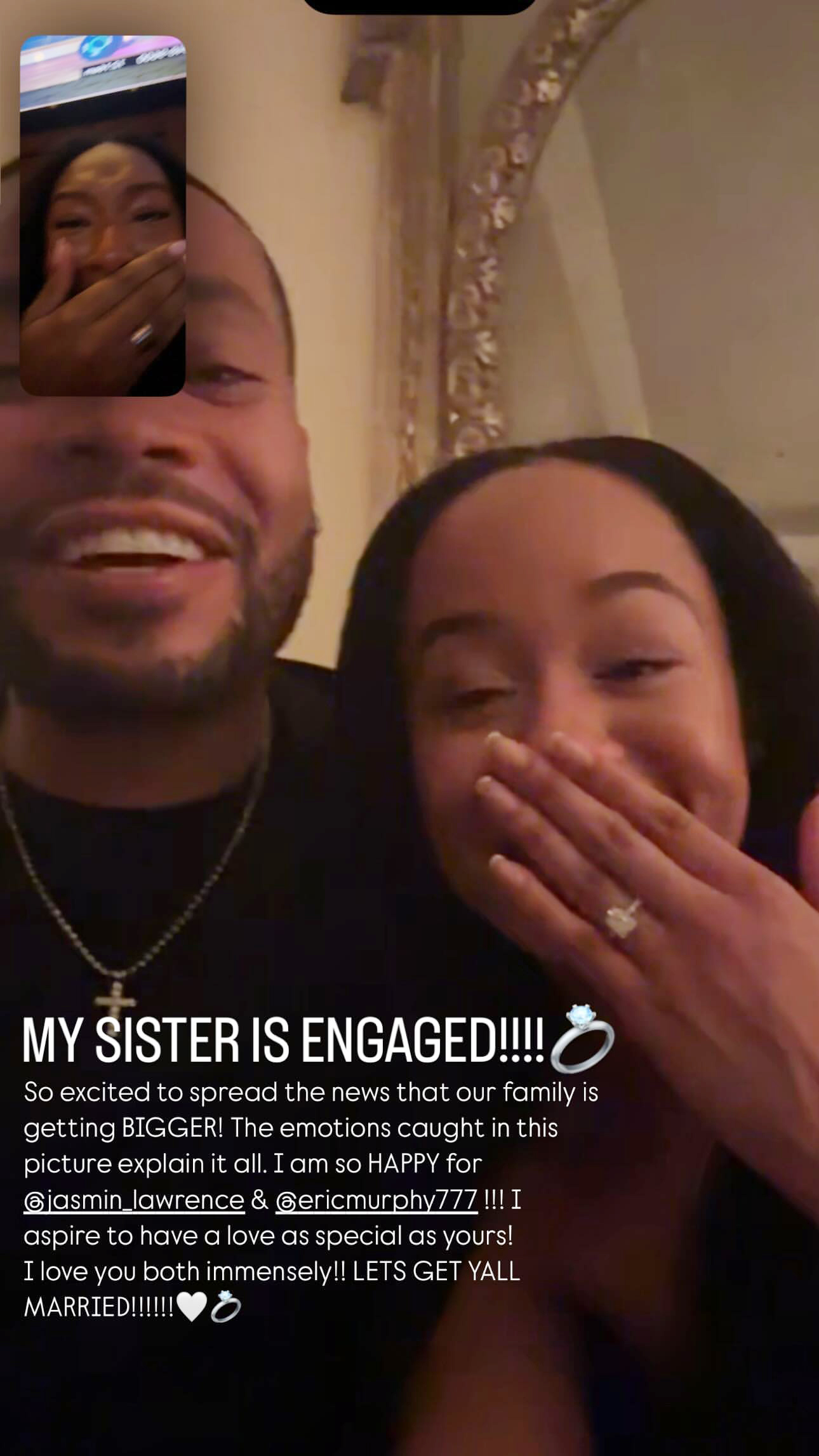 Jasmin Lawrence and Eric Murphy showing off her engagement ring.