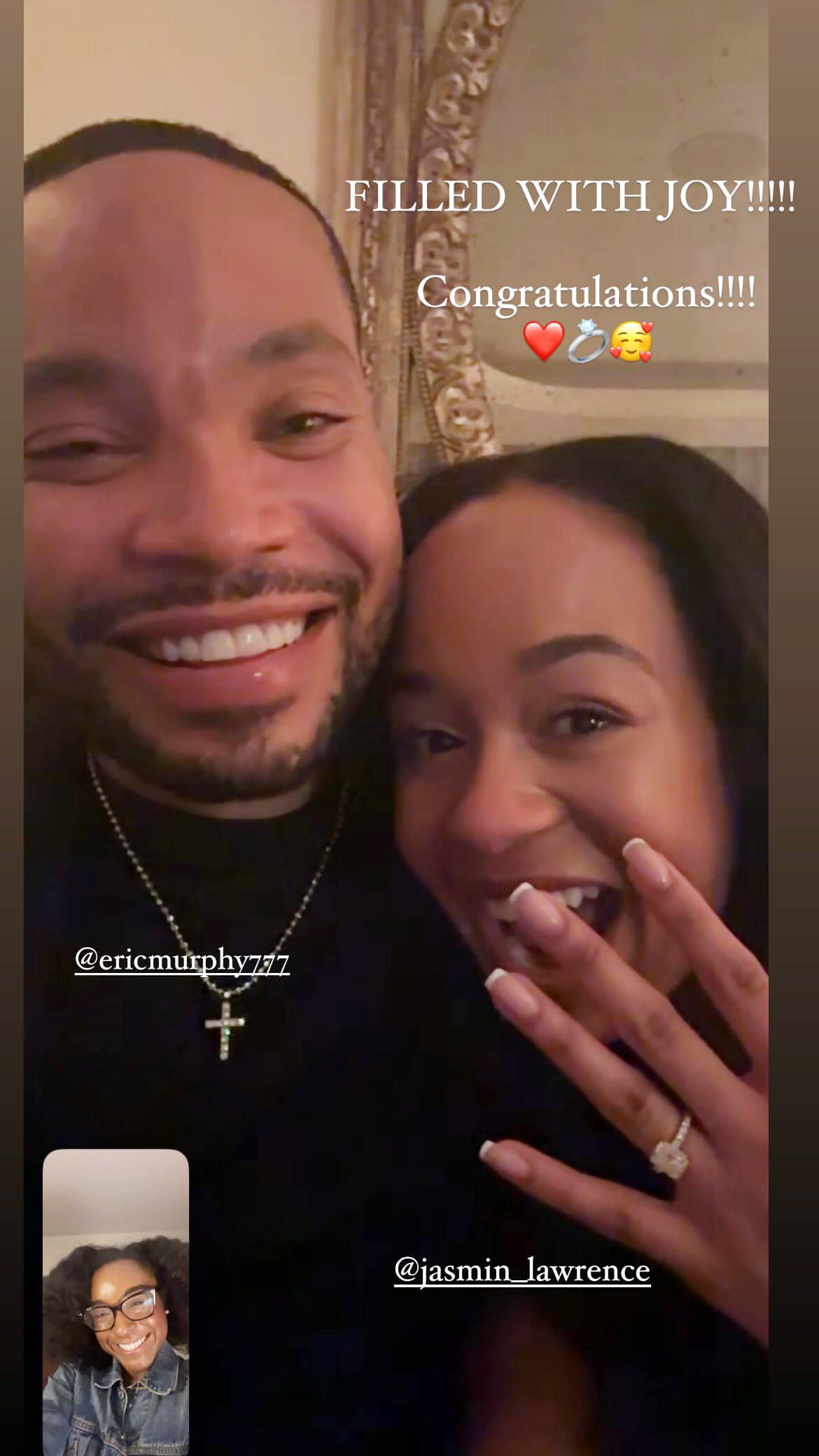 Jasmin Lawrence and Eric Murphy showing off her engagement ring.