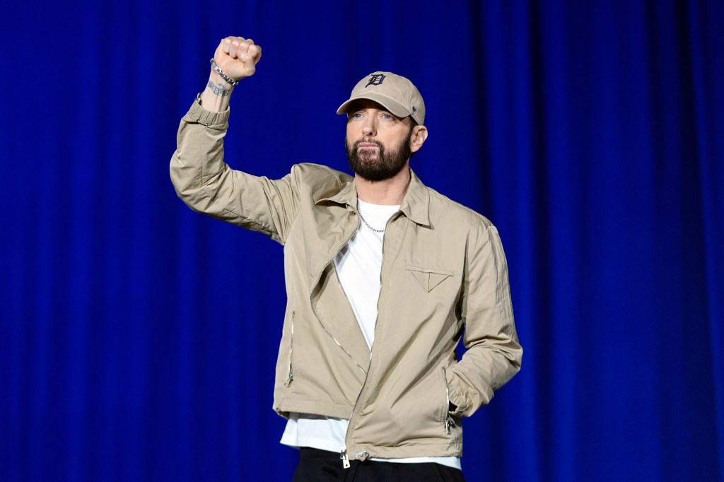 Rapper Eminem arrives to speak at a campaign rally supporting Democratic presidential nominee Vice President Kamala Harris in October.