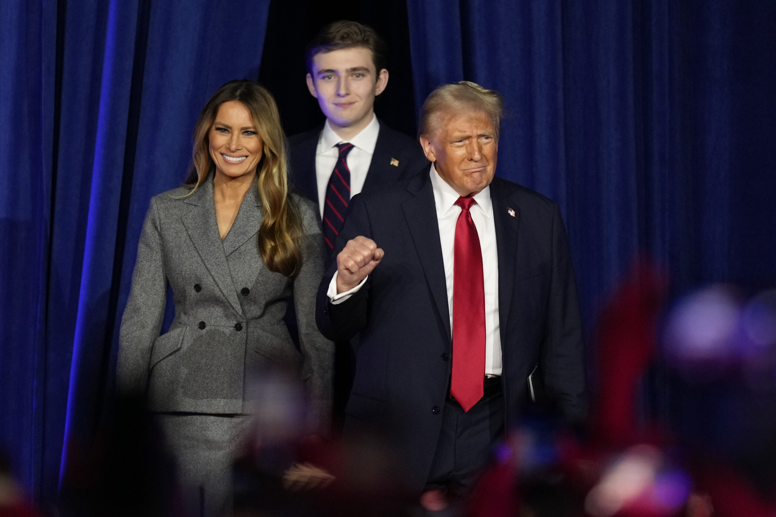 Donald Trump, Melania Trump and Barron Trump at an election night watch party in 2024.