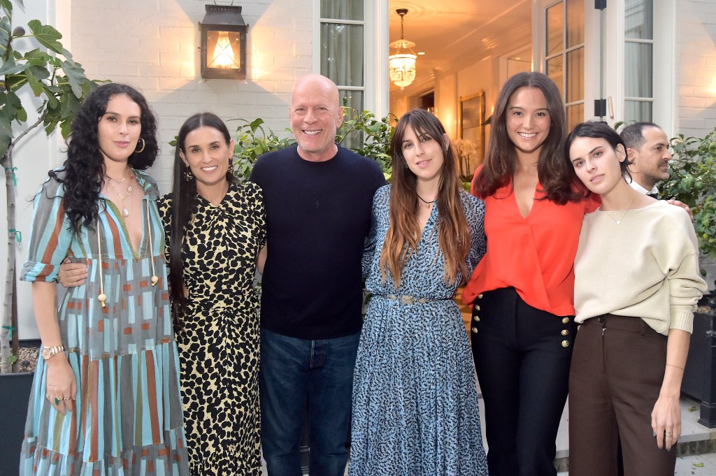 Rumer Willis, Demi Moore, Bruce Willis, Scout Willis, Emma Heming Willis and Tallulah Willis attend Demi Moore's 'Inside Out' Book Party on September 23, 2019 in Los Angeles.