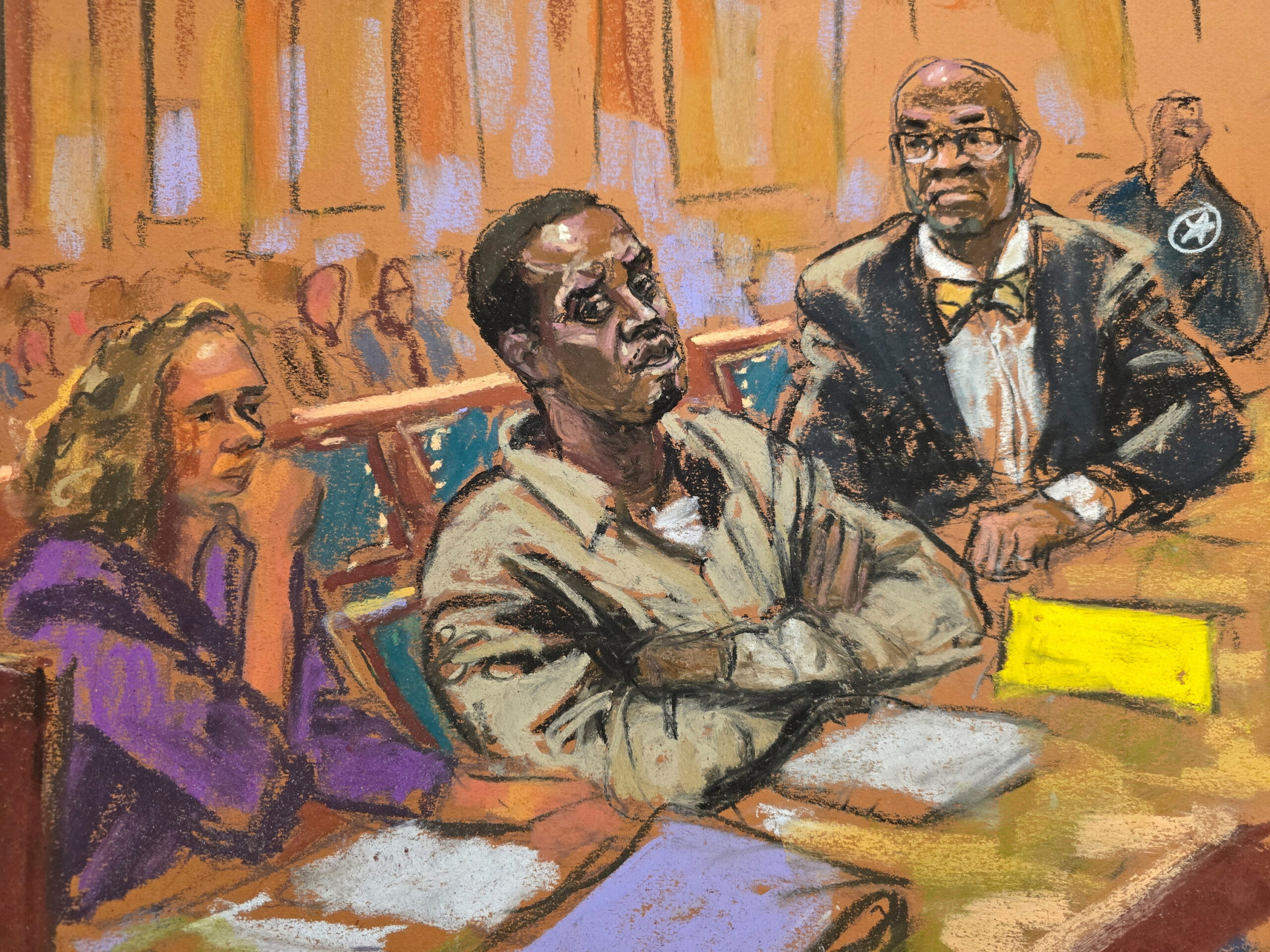 A drawing of Sean Combs in court.