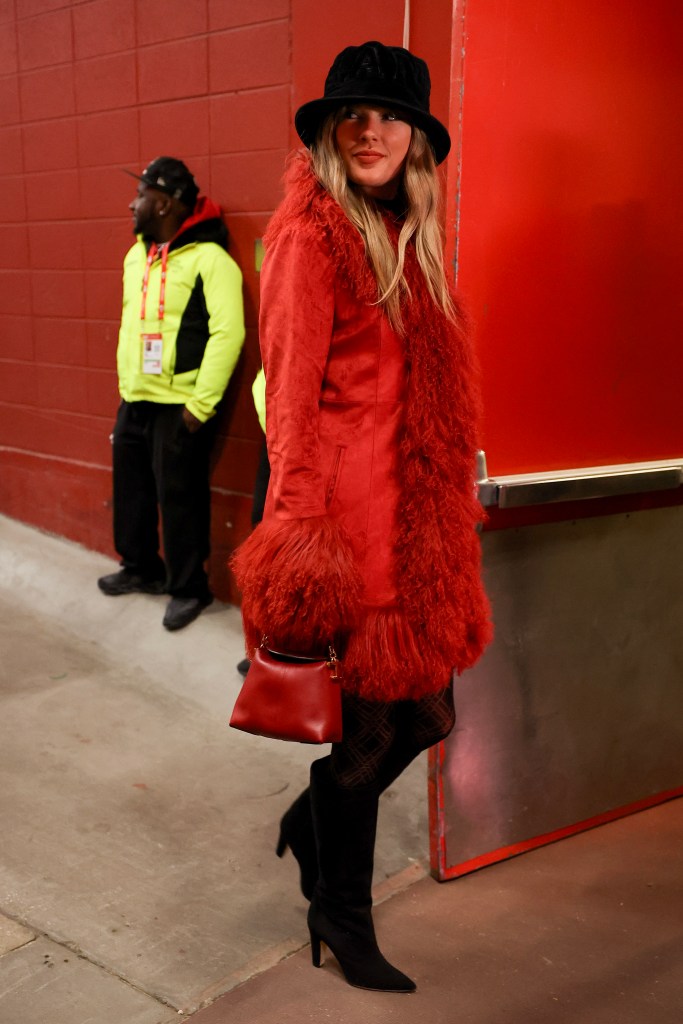 : Taylor Swift looks on prior to a game between the Kansas City Chiefs and the Houston Texans at GEHA Field at Arrowhead Stadium on December 21, 2024 in Kansas City, Missouri.