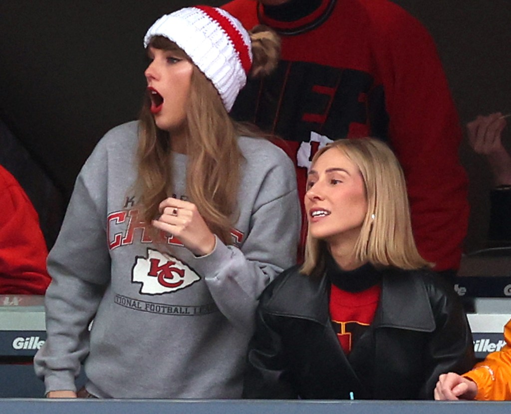 Taylor Swift, Scott Kingsley Swift, Ashley Avignone, Brittany Mahomes, and Alana Haim cheer while watching the Kansas City Chiefs play the New England Patriots at Gillette Stadium on December 17, 2023 in Foxborough, Massachusetts.