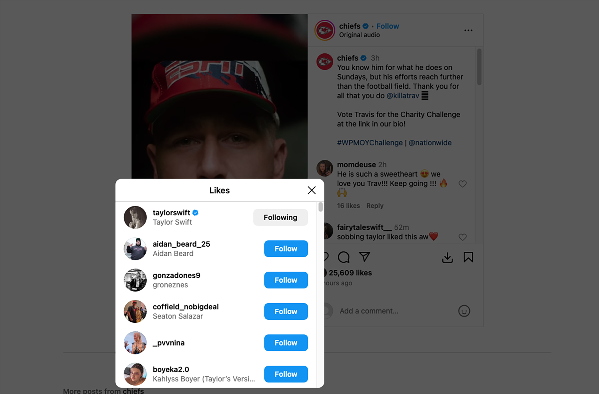 Taylor Swift liking a Chiefs post.