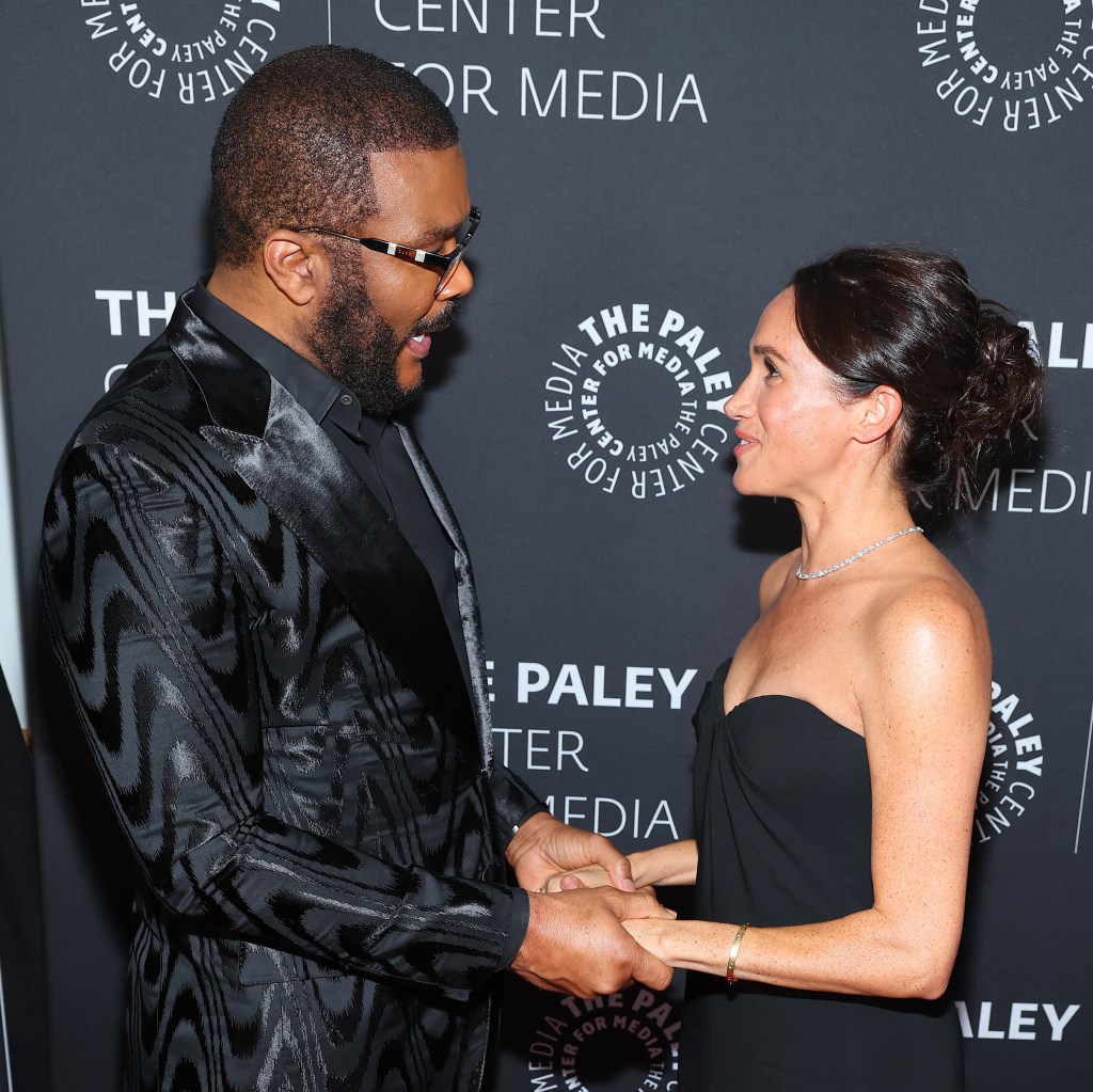 Tyler Perry and Meghan Markle pose at The Paley Center for Media Hosts Paley Honors Fall Gala Honoring Tyler Perry at Beverly Wilshire on Dec.  04, 2024 in Beverly Hills, Calif.