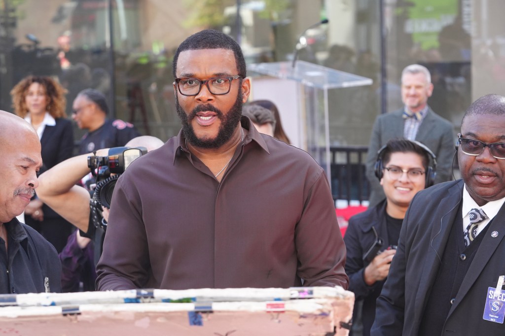 Tyler Perry is seen during Kerry Washington's Hollywood Walk of Fame star ceremony on Dec. 2, 2024 in Los Angeles.