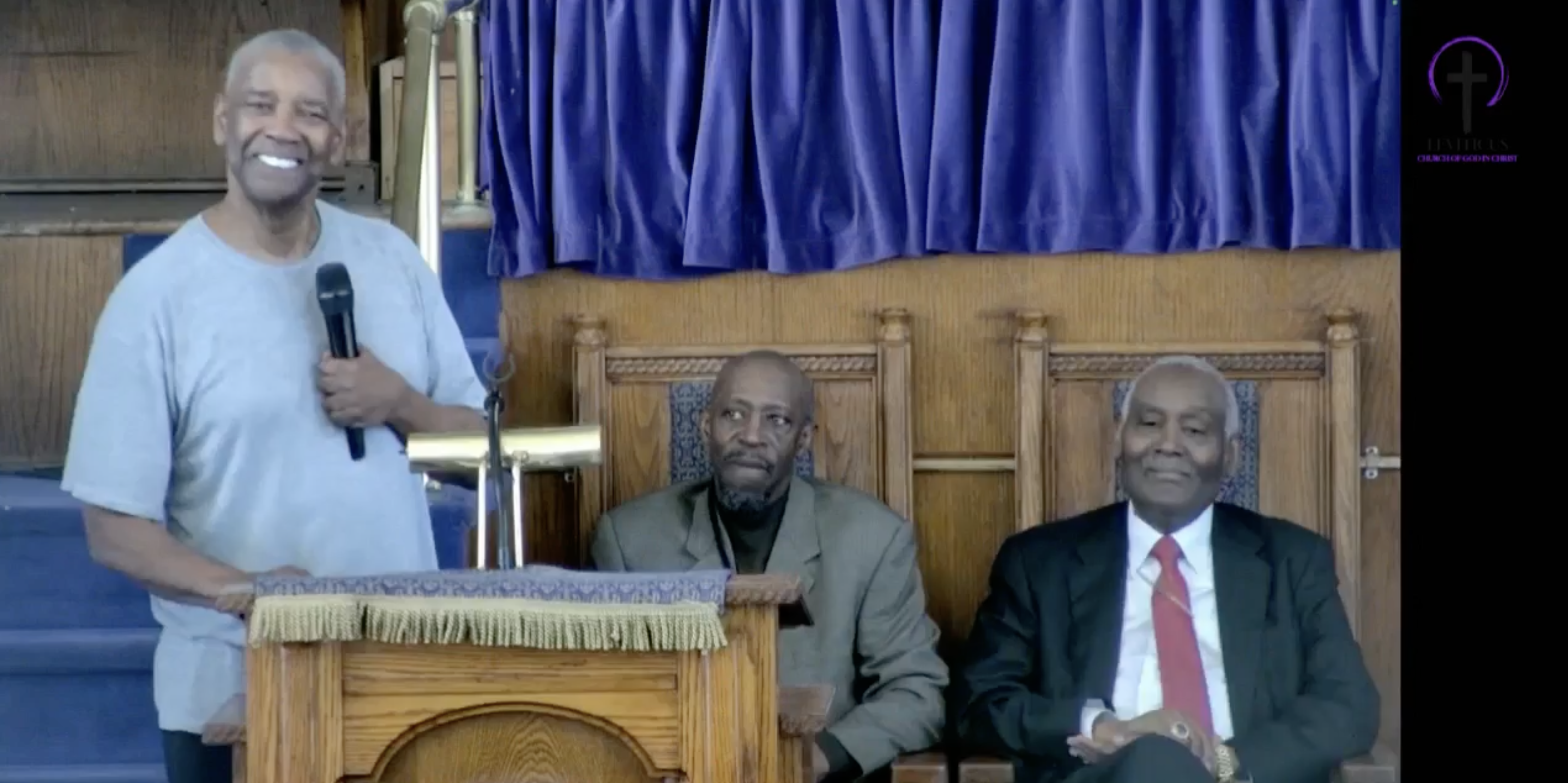 Denzel Washington speaking in church.