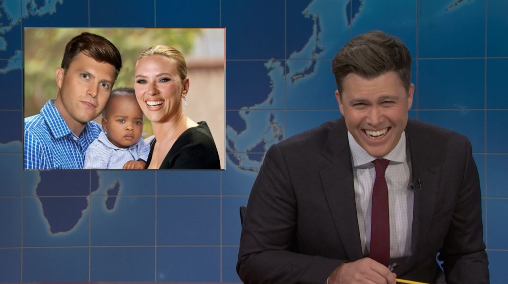 Colin Jost roasts wife Scarlett Johansson during 'SNL' skit as she watched backstage.