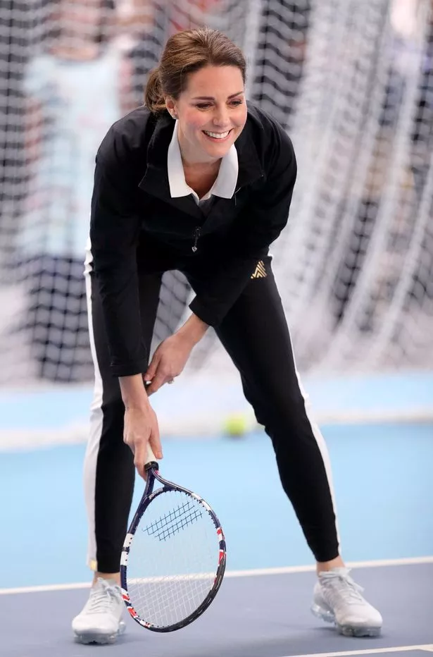 Catherine, Duchess of Cambridge plays tennis during a visit to the Lawn Tennis Association at the National Tennis Centre on October 31, 2017 in London, England.