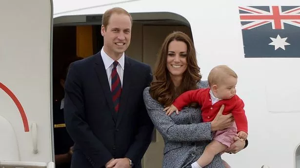 Prince William, Kate Middleton and baby Prince George departing a British Airways flight on their tour of Australia