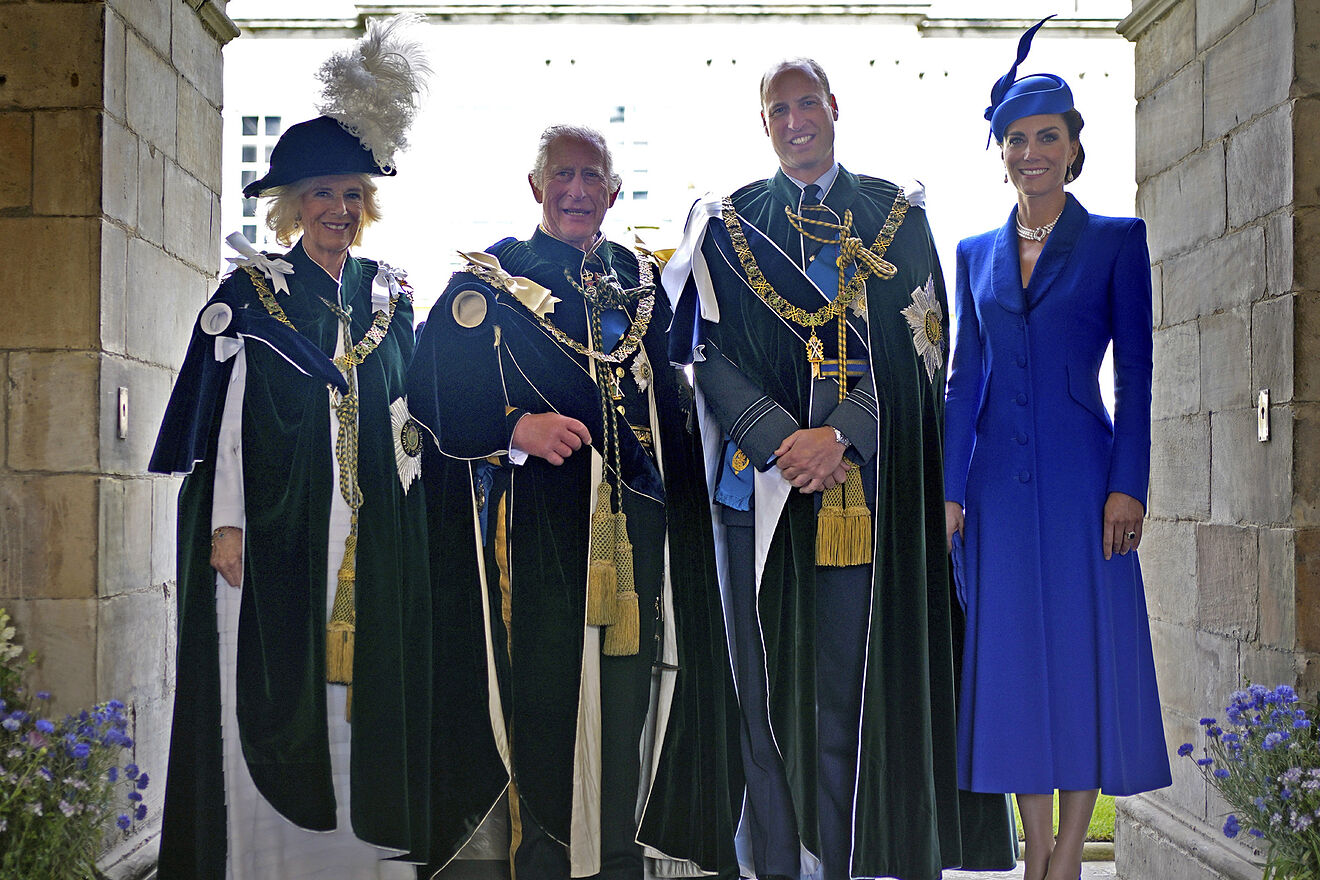 From left, Queen Camilla, Britain&apos;s King Charles III, Britain&apos;s Prince...