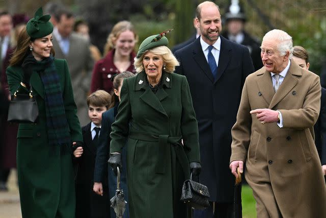 OLI SCARFF/AFP via Getty Queen Camilla and King Charles lead the royal family on Christmas at Sandringham, Dec. 25, 2024.