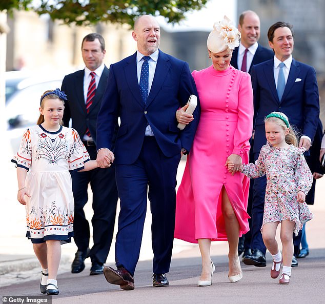 Mia walking alongside her parents, Mike and Zara Tindall, and younger sister Lena at the Easter Sunday church service at St George's Chapel in 2023