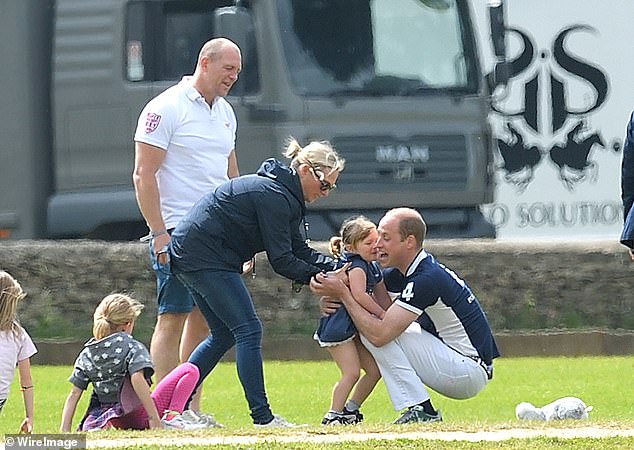 Mia running towards Prince Harry for a hug at a charity polo match a year later