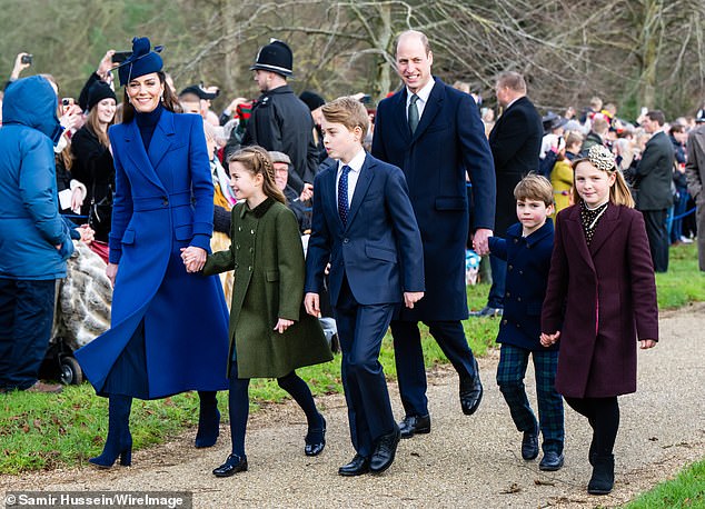 Mia with Princess Kate, Prince William and their children as they walk to church on Christmas Day in 2023