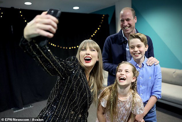 The Prince and Princess of Wales have shared photos of the highlights from an incredibly difficult year. Pictured: William, George and Charlotte meeting Taylor Swift this summer