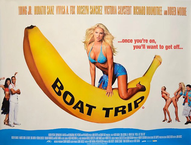 The Scandinavian actress can be seen donning an ocean blue bikini whilst riding a banana in one of the film's covers (pictured)