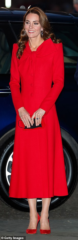 Crisp in crimson: Kate in a Catherine Walker coat dress, worn in 2021