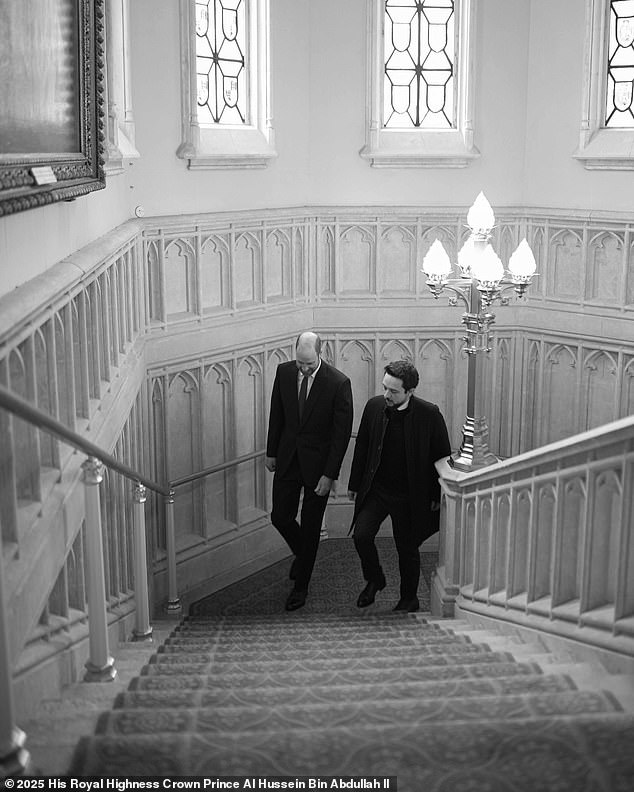 Prince William speaks with Crown Prince Hussein of Jordan at Windsor Castle today