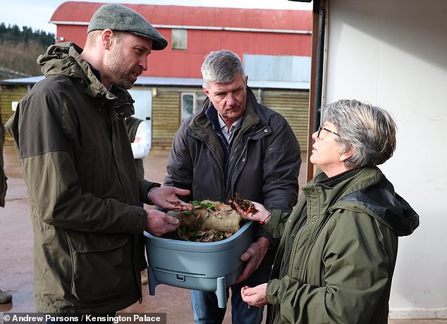 Moments after arriving, William viewed a brand-new grain store and a variety of regenerative farming equipment, including a large seed drill in operation