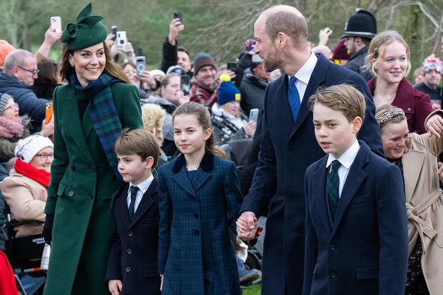 Samir Hussein/WireImage Kate Middleton, Princess of Wales, Prince Louis, Princess Charlotte, Prince William and Prince George on Dec. 25, 2024