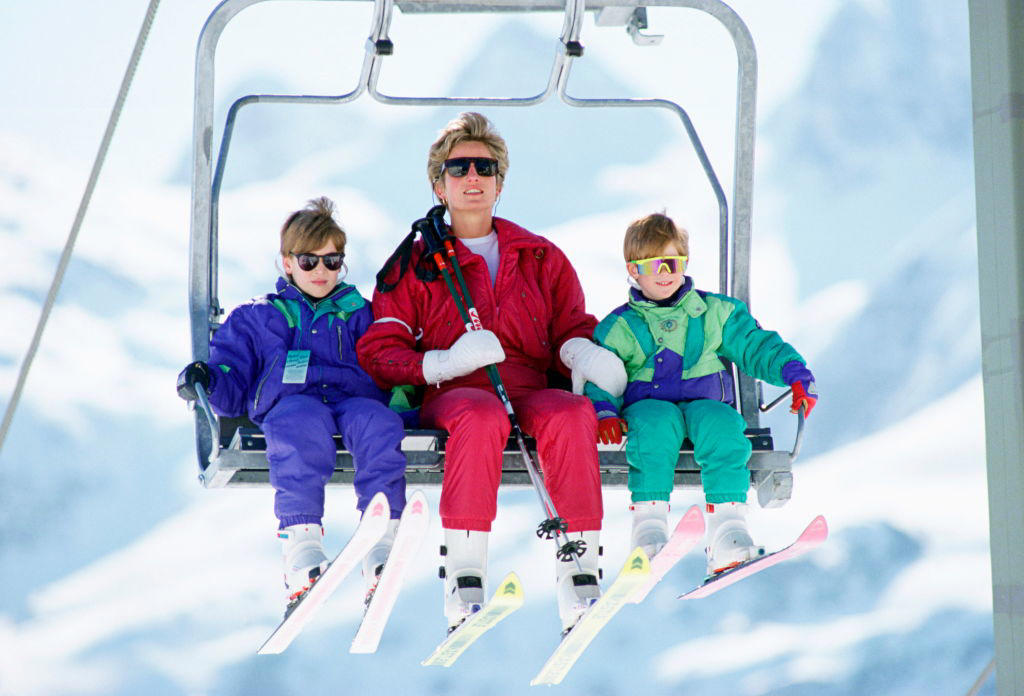 Prince William, Princess Diana, and Prince Harry during a ski vacation in Lech, Austria