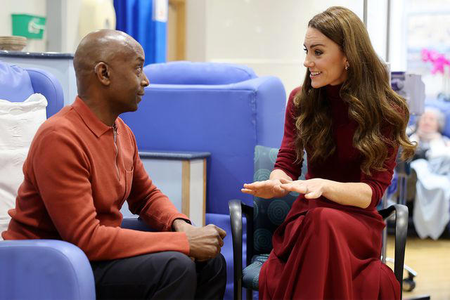 Chris Jackson/Getty Princess Kate talks with Peter Burton at the Royal Marsden Hospital, in Chelsea, London on Jan. 14, 2025