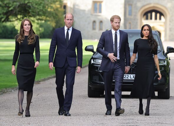 Prince Harry, Meghan Markle, Princess Kate and Prince William after late Queen's death during a walkabout