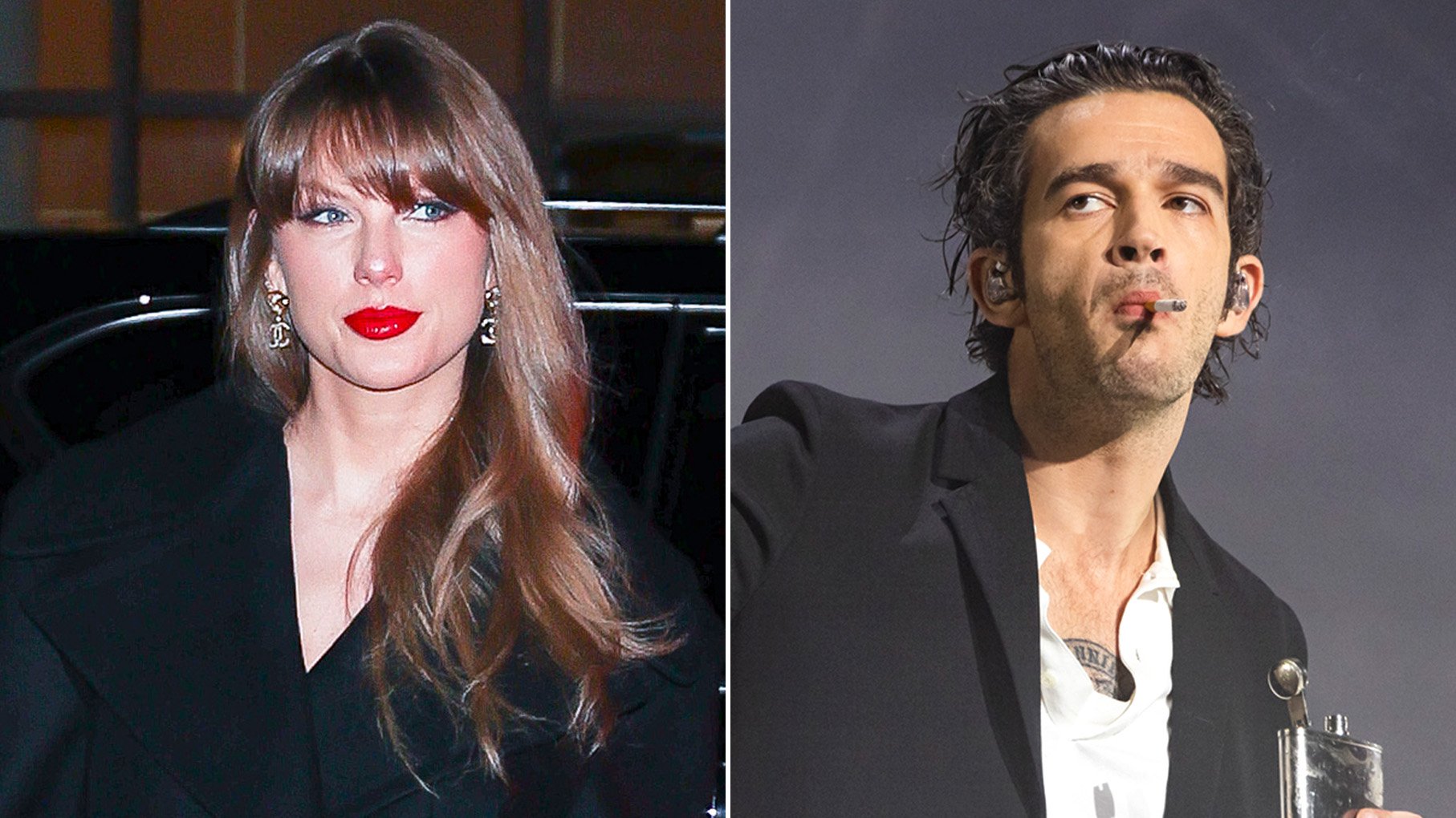 A compilation image of Taylor Swift and Matty Healy appearing serious