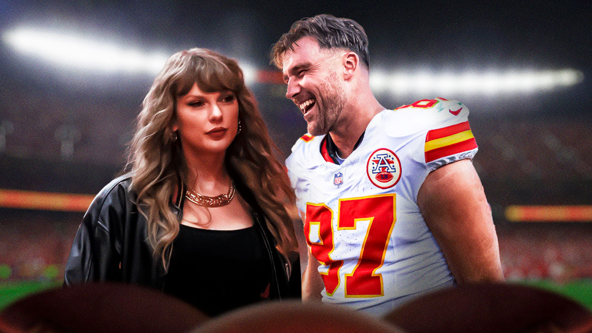 Taylor Swift and Travis Kelce of Kansas City Chiefs with GEHA Field at Arrowhead Stadium background.