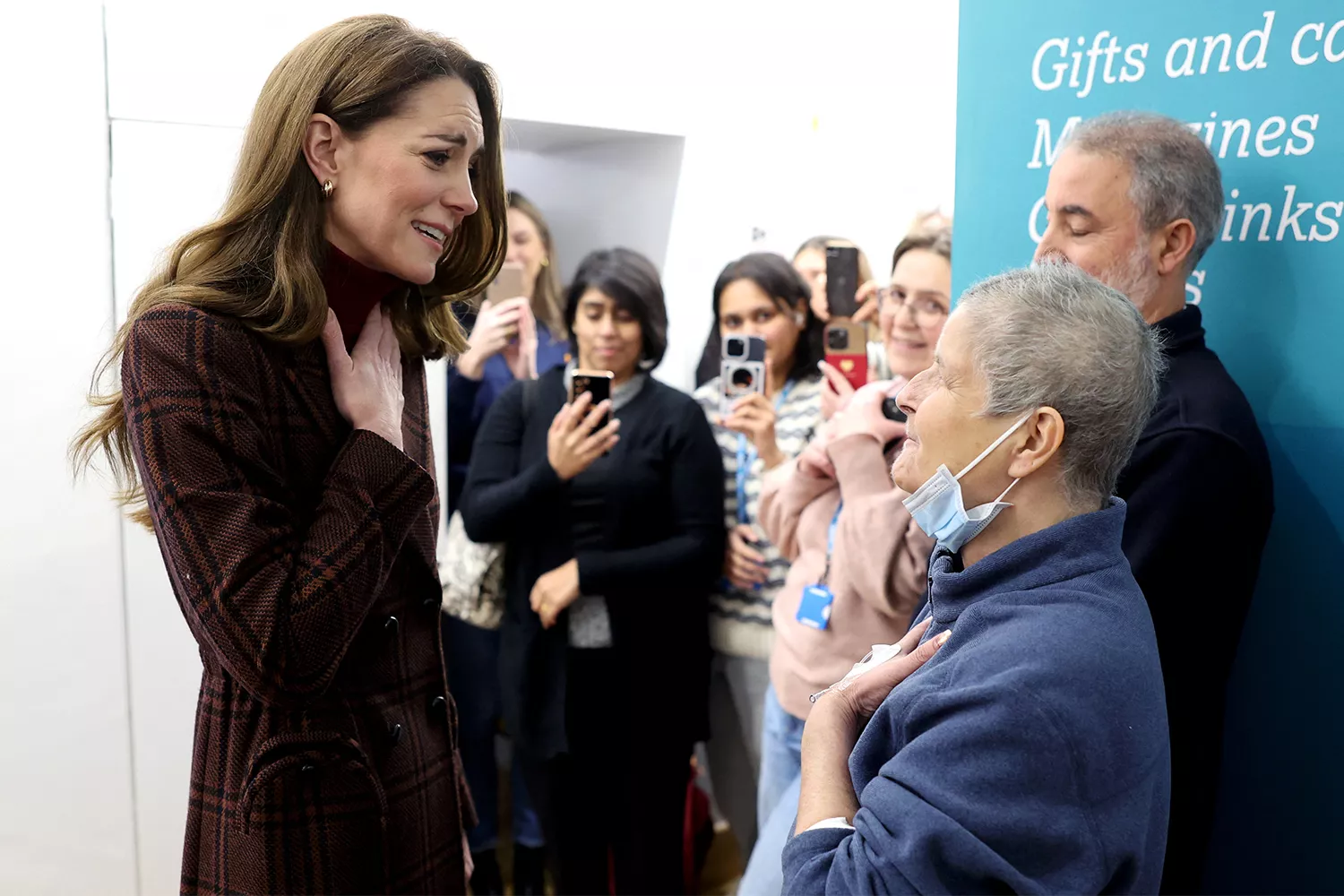 Catherine, Princess of Wales talks with Rebecca Mendelhson during a visit to the Royal Marsden Hospital in west London on January 14, 2025.