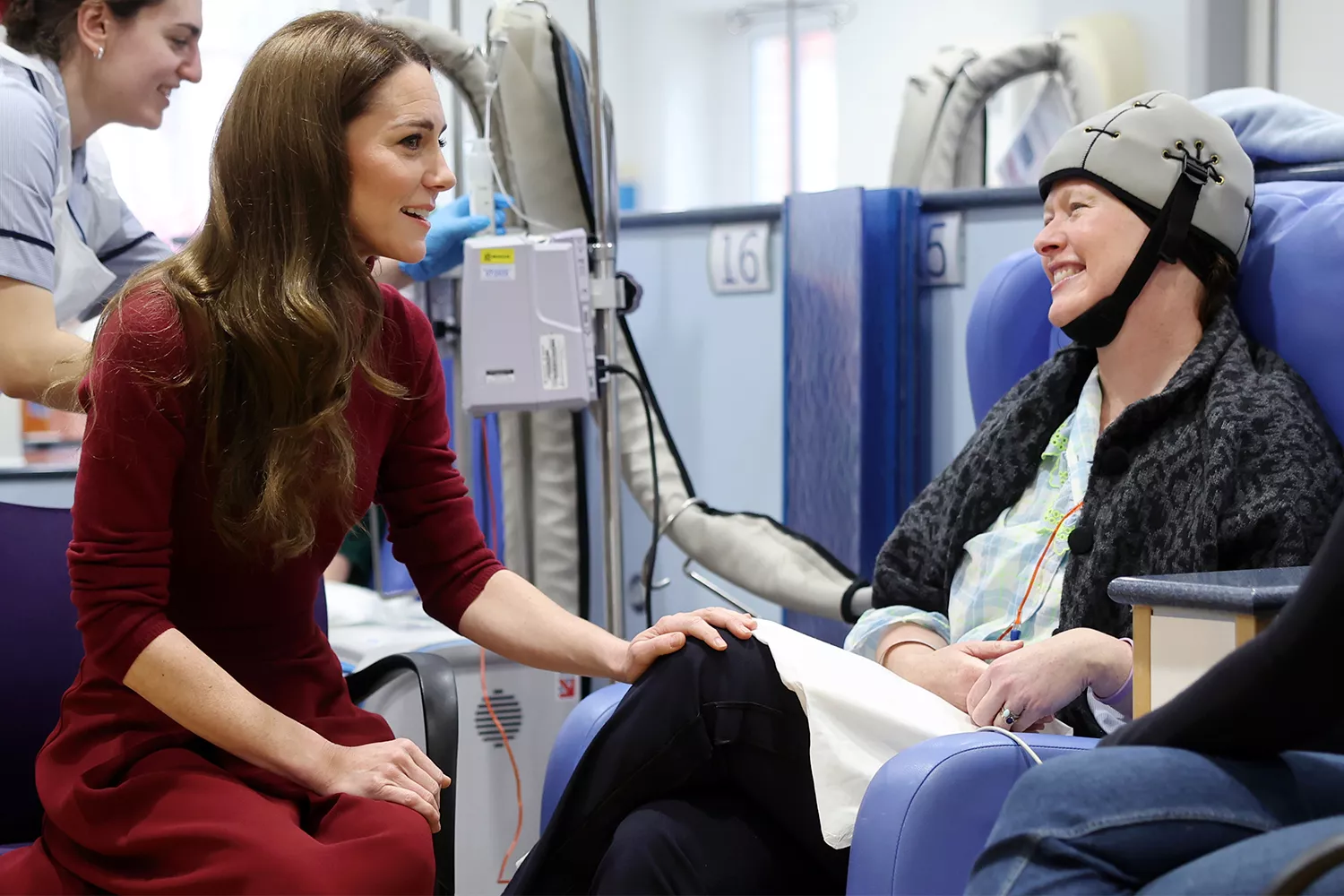 Catherine, Princess of Wales talks with Katherine Field during a visit to The Royal Marsden Hospital on January 14, 2025 in London, England.