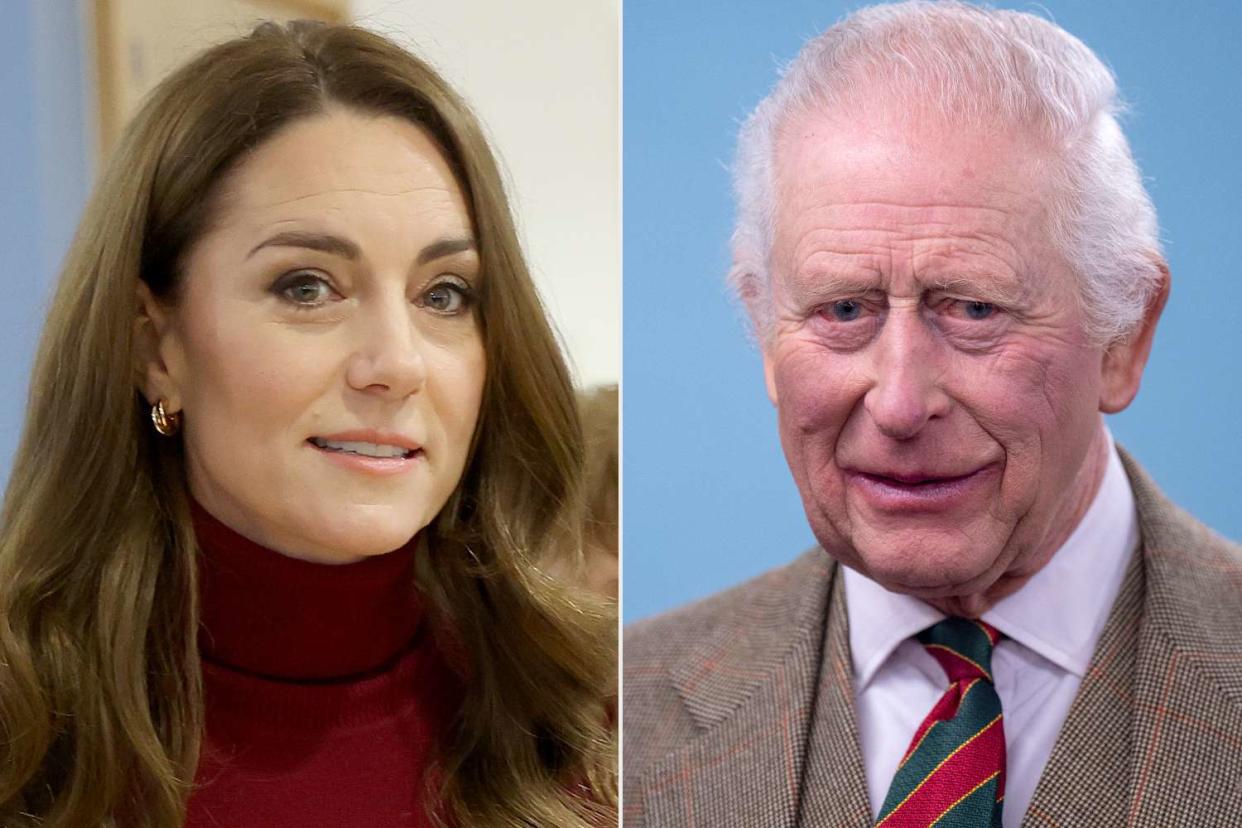 Chris Jackson/Getty;  JANE BARLOW/POOL/AFP via Getty (Left) Kate Middleton at The Royal Marsden Hospital in London on Jan. 14, 2025; (Right) King Charles at The Gate Charity in Alloa, Scotland on Jan. 16, 2025