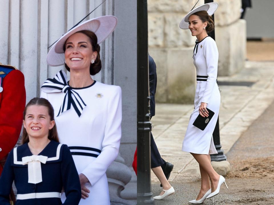 A side-by-side of Kate Middleton at Trooping the Colour 2024 in a white and black outfit.